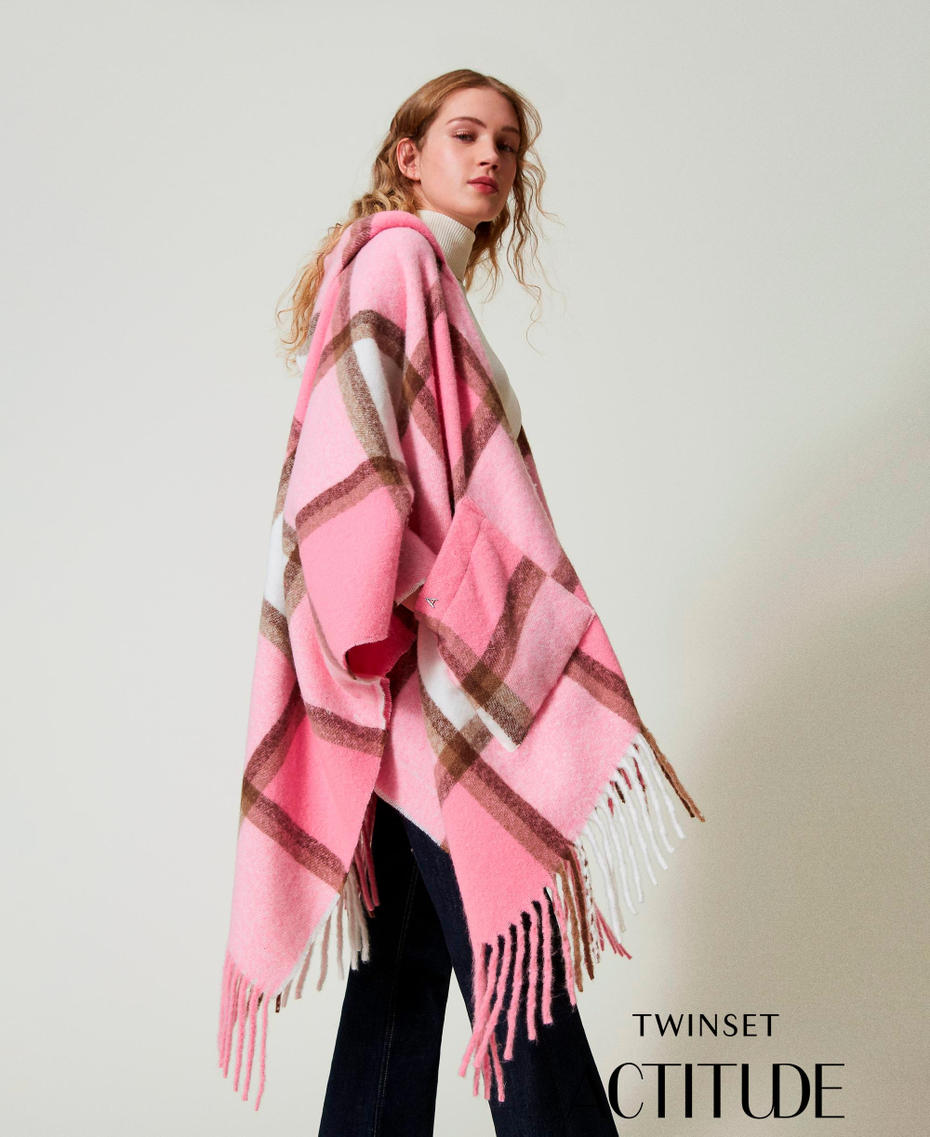 Wool cloth poncho with fringes Crystal Pink Multicolour Check Woman 242AA4010_11892_01