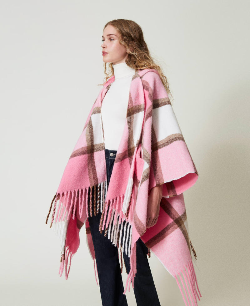 Wool cloth poncho with fringes Crystal Pink Multicolour Check Woman 242AA4010_11892_02