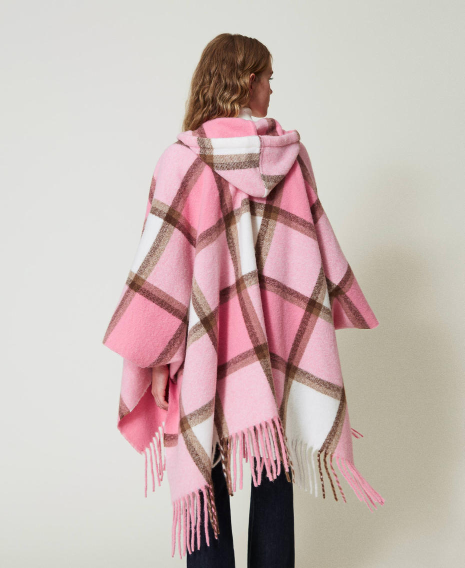 Wool cloth poncho with fringes Crystal Pink Multicolour Check Woman 242AA4010_11892_03