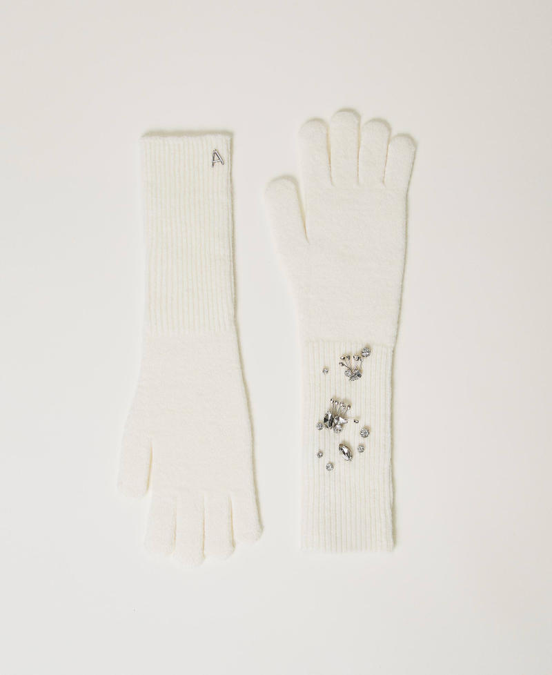 Knit gloves with embroidery White Cream Woman 242AA4033_00733_01