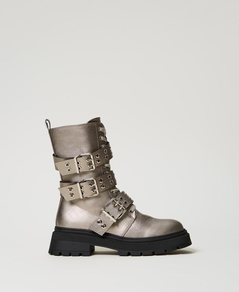 Laminated combat boots with straps Pewter Hazelnut Woman 242ACP016_00784_01