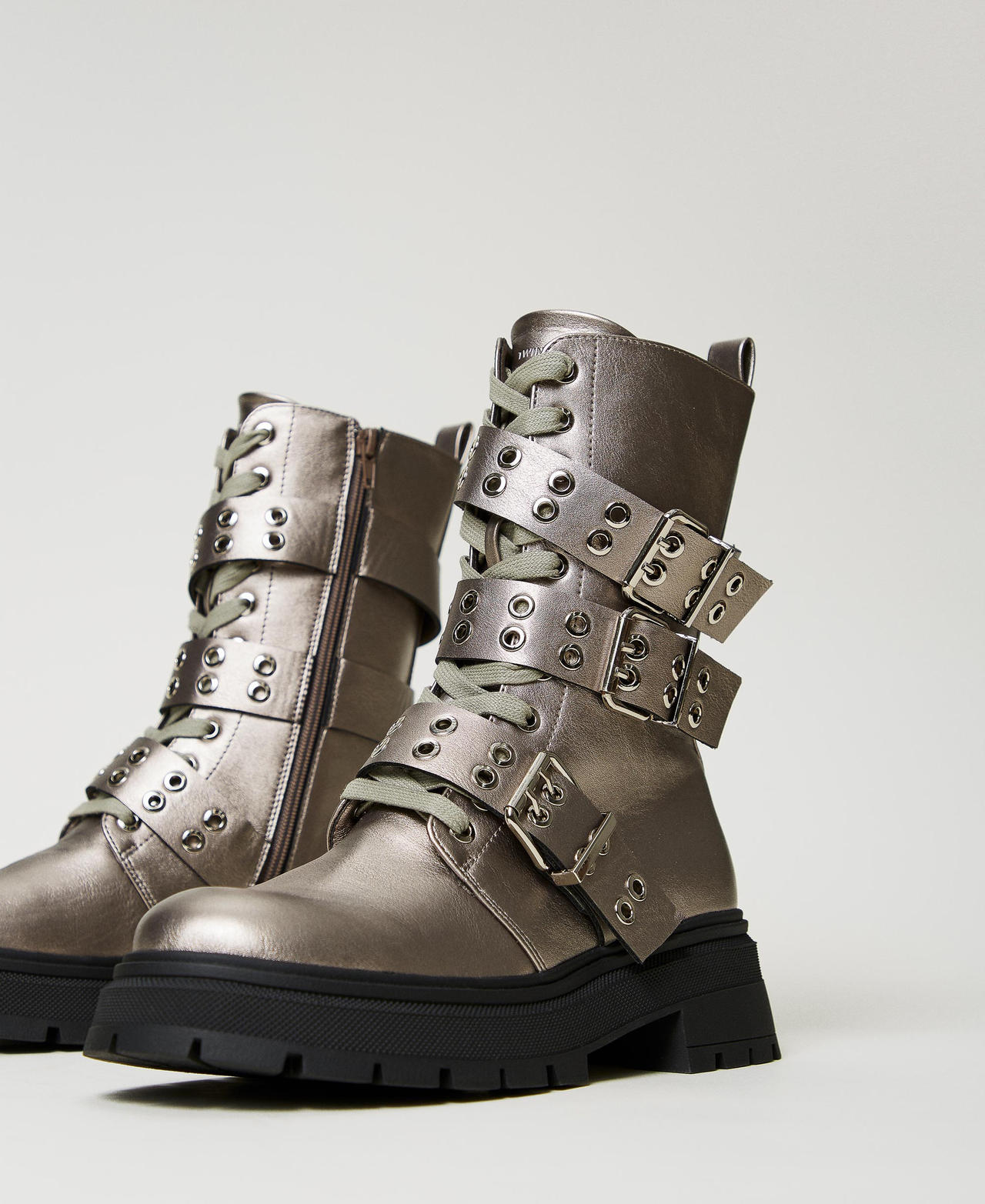 Laminated combat boots with straps Pewter Hazelnut Woman 242ACP016_00784_02