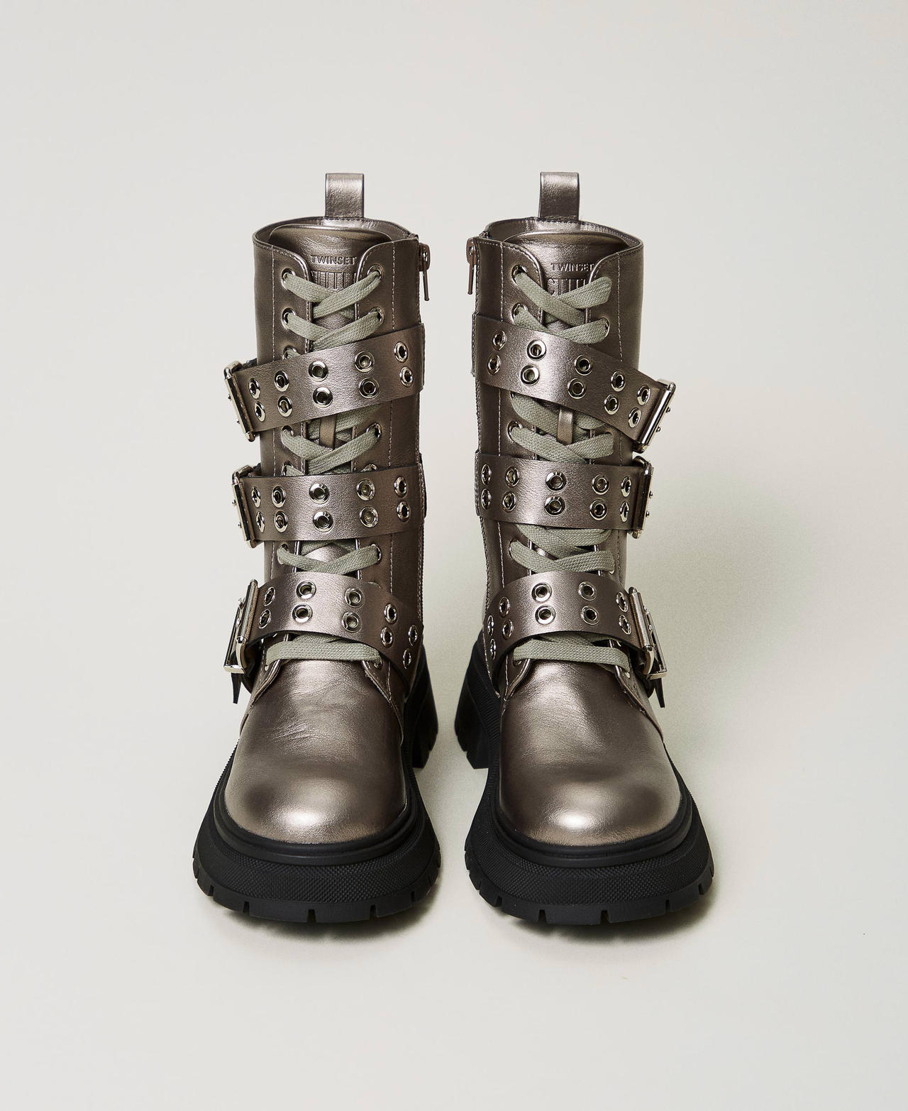 Laminated combat boots with straps Woman Beige TWINSET Milano