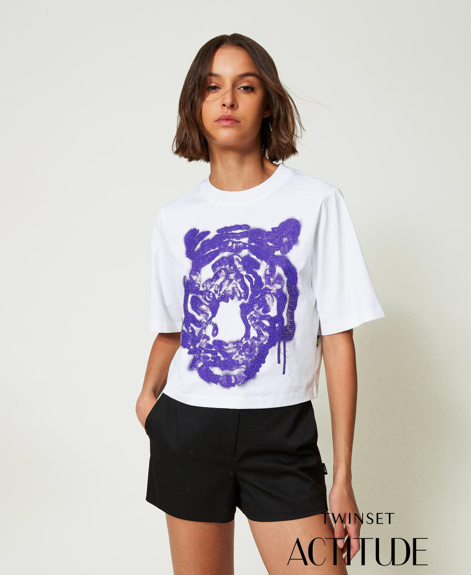 MYFO boxy T-shirt with print and sequins Purple Tiger Print Woman 242AM2010_11923_01