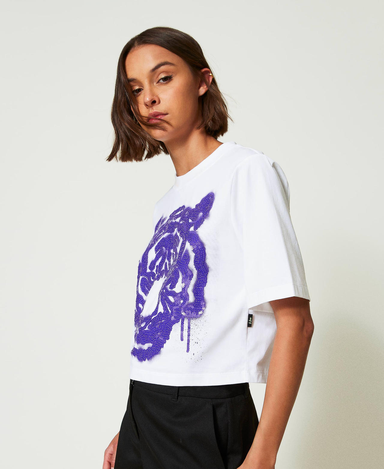 MYFO boxy T-shirt with print and sequins Purple Tiger Print Woman 242AM2010_11923_02