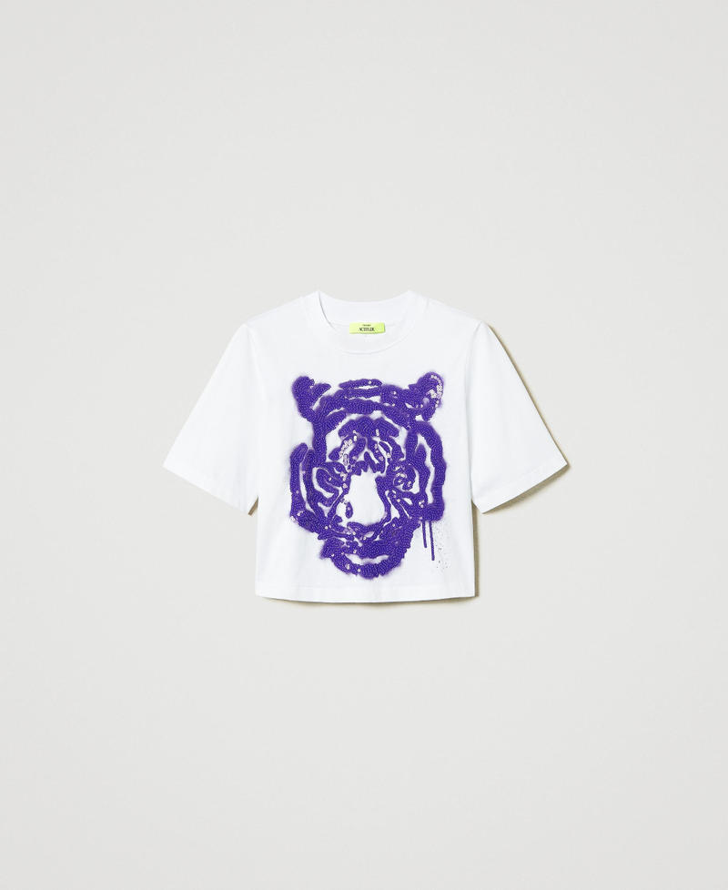 MYFO boxy T-shirt with print and sequins Purple Tiger Print Woman 242AM2010_11923_0S