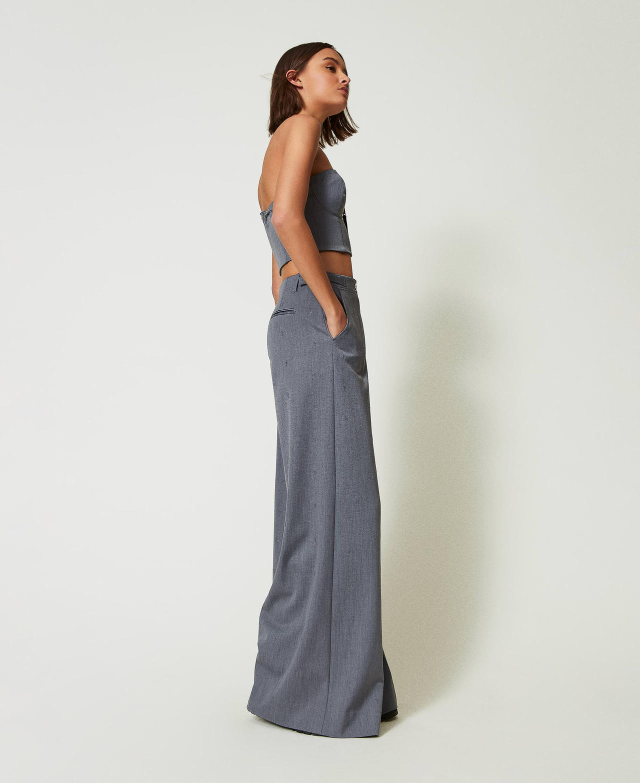 MYFO palazzo trousers with embroidery Mid Melange Grey Woman 242AM2043_11727_02