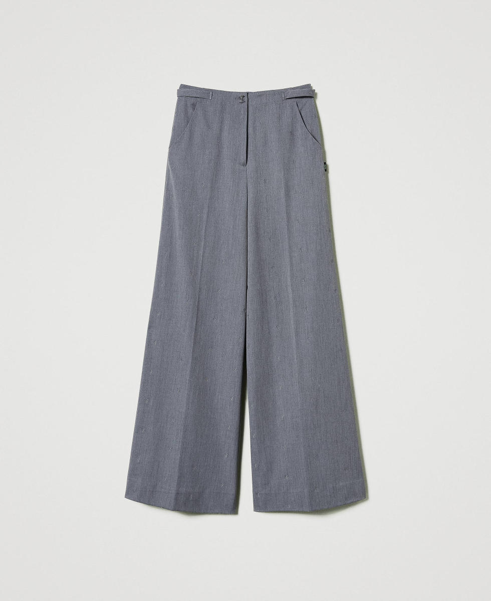 Pantalon palazzo MYFO avec broderie Gris Moyen M&eacute;lang&eacute; Femme 242AM2043_11727_S0