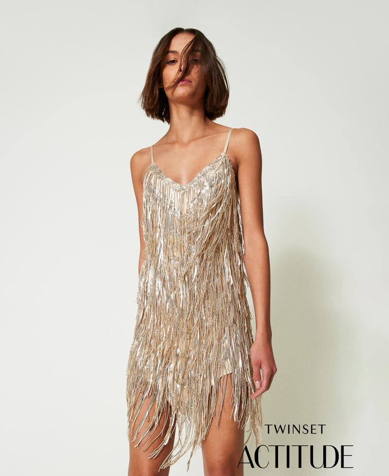 BEADED HEAVY FRINGES SHORT DRESS IN BLACK x GOLD