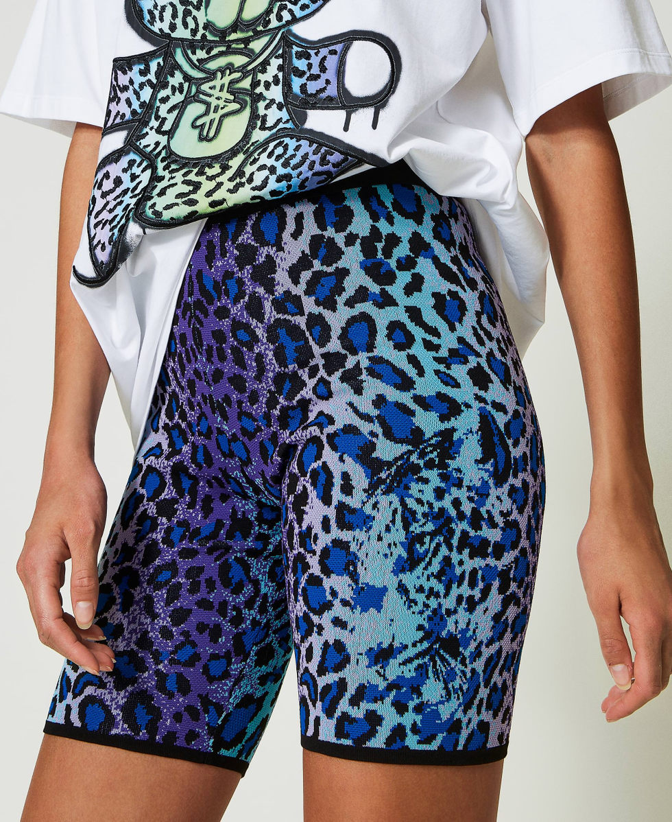 Short cycliste MYFO en maille jacquard Jacquard Multicolore L&eacute;opard Femme 242AM3554_11792_03