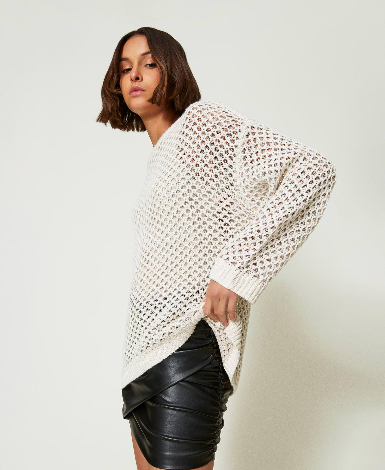 MYFO oversize mesh jumper with lurex Two-tone Snow White / Platinum Woman 242AM3580_11878_02