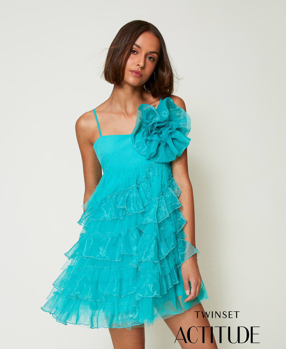 Short tulle and organza dress Tropical Emerald Green Woman 242AP2032_11722_01