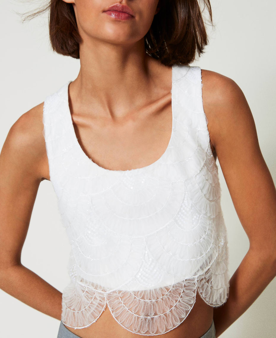 Cady crêpe and embroidered organza top White Cream Woman 242AP2044_00733_01