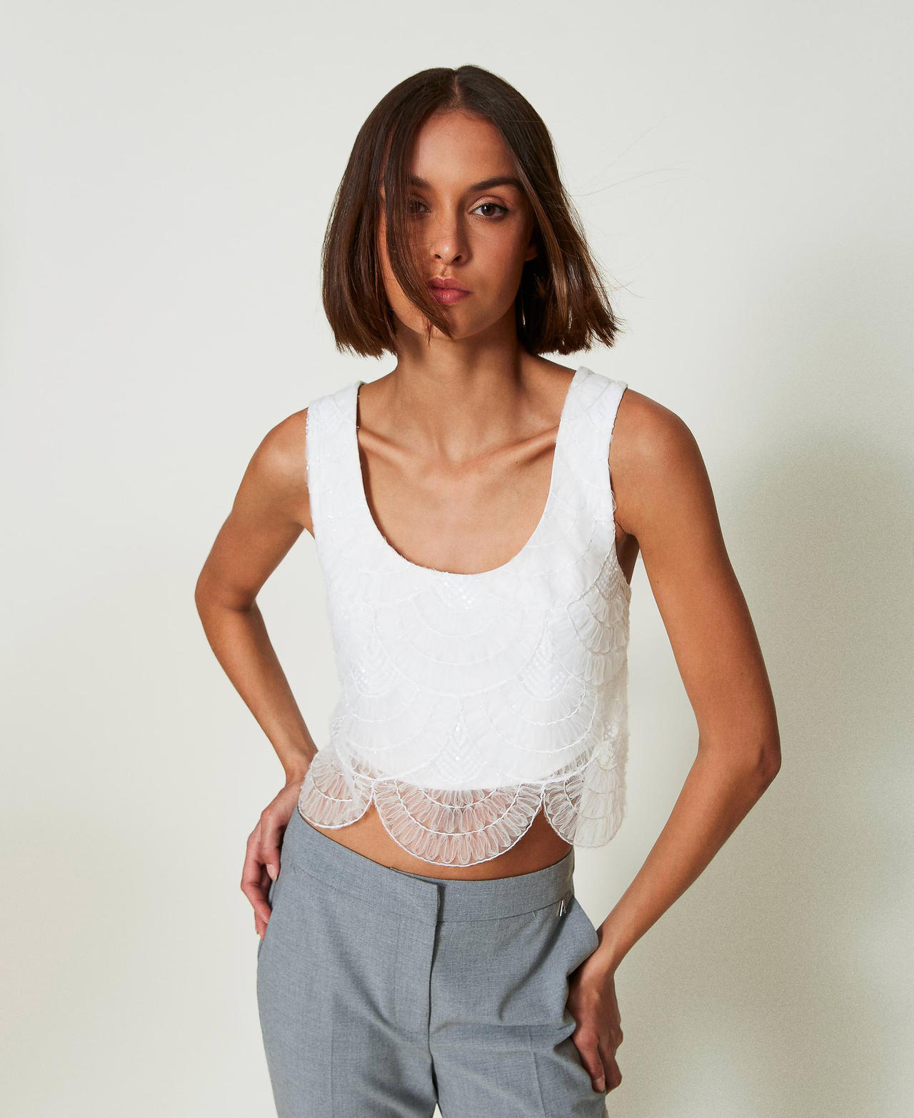 Cady crêpe and embroidered organza top White Cream Woman 242AP2044_00733_02