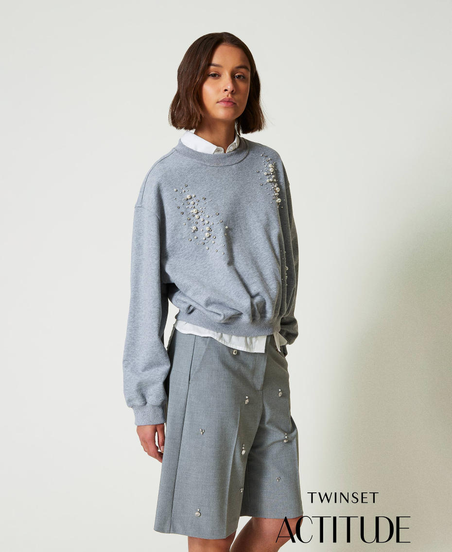 Boxy sweatshirt with handmade embroidery Melange Grey Woman 242AP2050-01