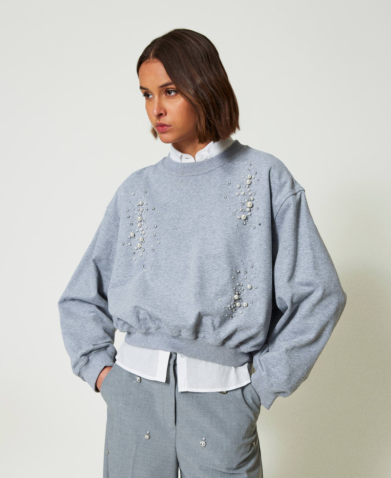 Boxy sweatshirt with handmade embroidery Melange Grey Woman 242AP2050_11726_02