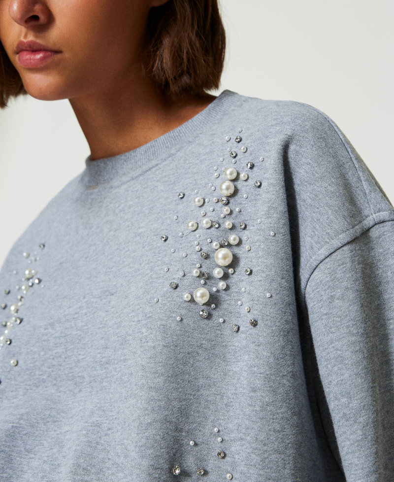 Boxy sweatshirt with handmade embroidery Melange Grey Woman 242AP2050_11726_04