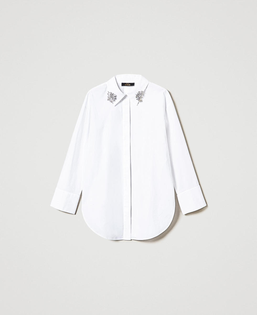 ホワイト Pearl And Jewellery シャツ Oversize poplin shirt with embroidery Woman, White | TWINSET