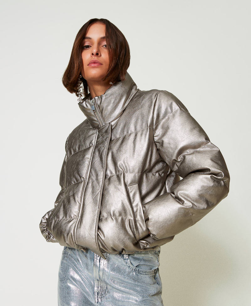 Laminated short puffer jacket Metallic Pewter Woman 242AP2162_11794_02