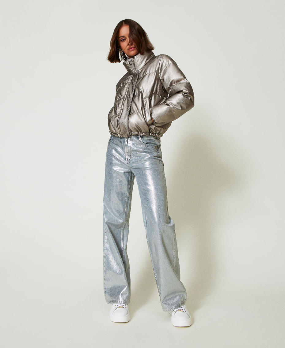 Laminated short puffer jacket Metallic Pewter Woman 242AP2162_11794_T0