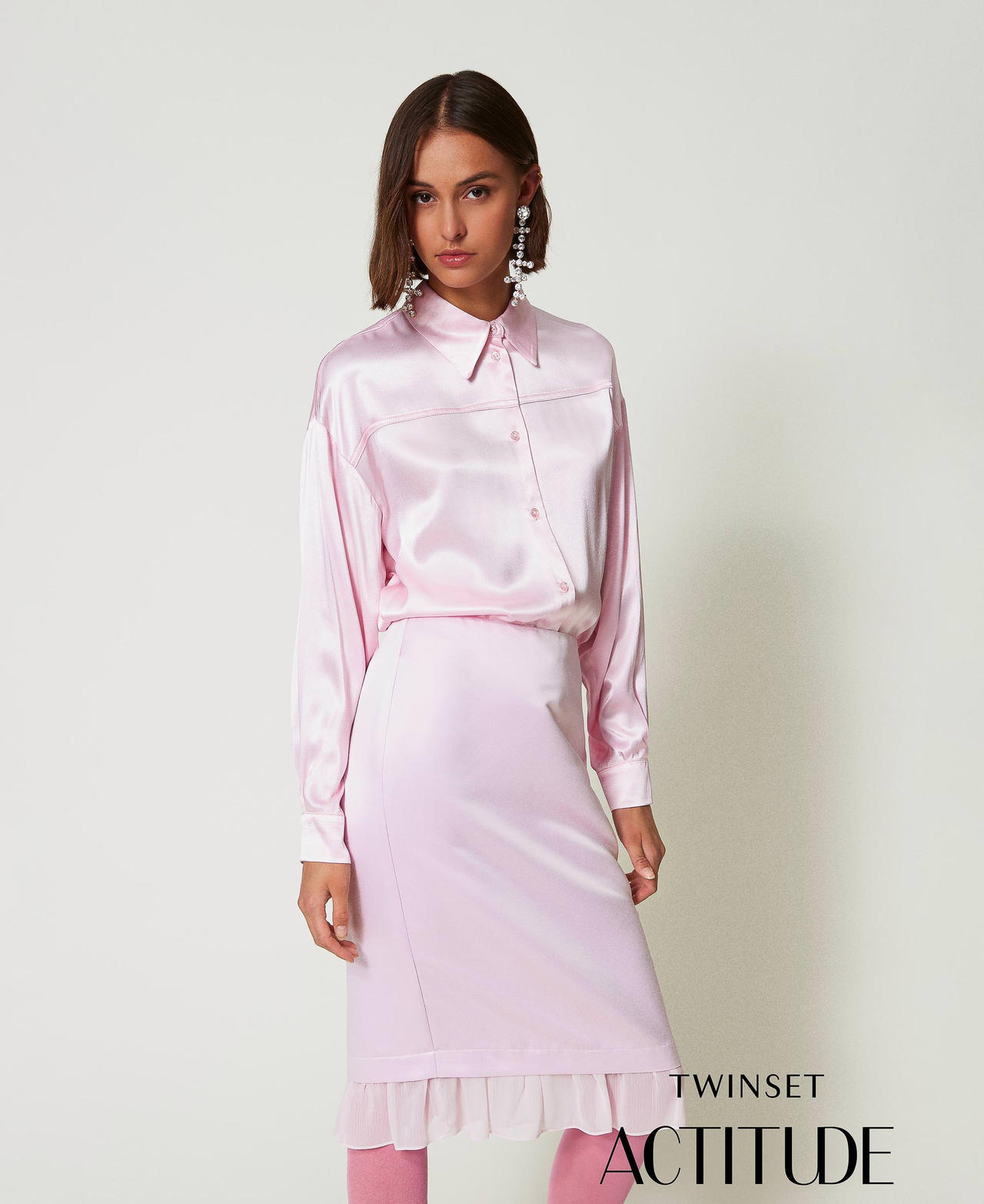 Chemise en satin martel&eacute; Rose &laquo;&nbsp;Pink Tulle&nbsp;&raquo; Femme 242AP2213_11724_01