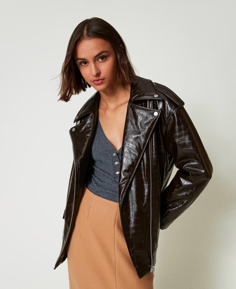 Animal print biker jacket Mol&egrave; Brown Woman 242AP2273_11723_02