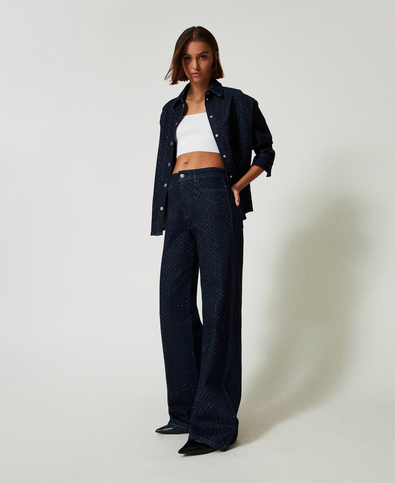 Full rhinestone wide leg jeans Woman, Blue | TWINSET Milano