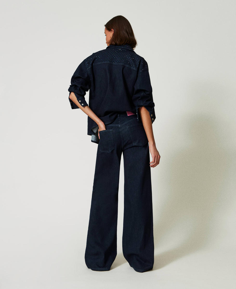 Full rhinestone wide leg jeans Woman, Blue | TWINSET Milano