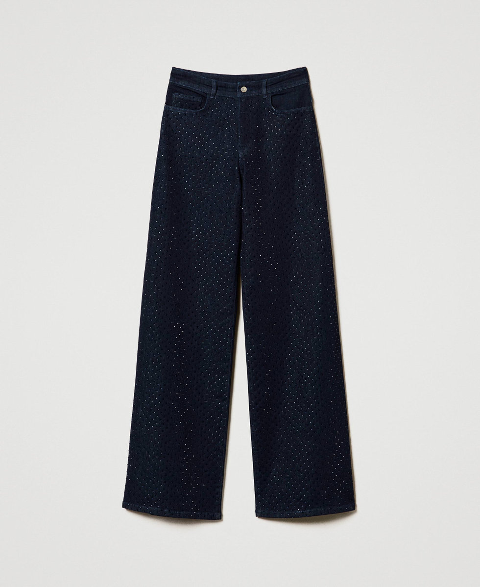 Full rhinestone wide leg jeans Woman, Blue | TWINSET Milano
