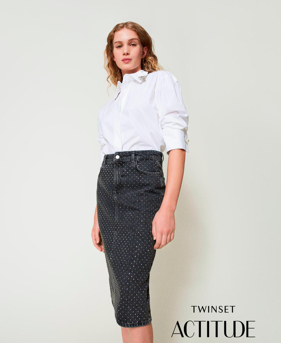 Denim midi skirt with rhinestones Black Denim Woman 242AP2373_01103_01