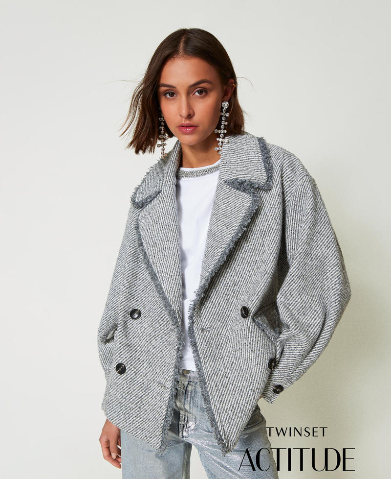 Two-tone double breasted wool cloth caban Two-tone Fume Grey / White Woman 242AP2390-01