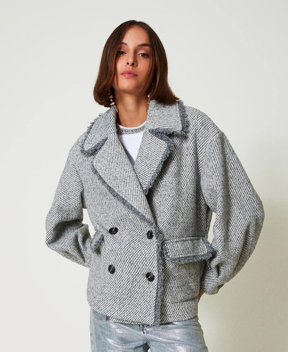 Two-tone double breasted wool cloth caban Two-tone Fume Grey / White Woman 242AP2390_11815_04