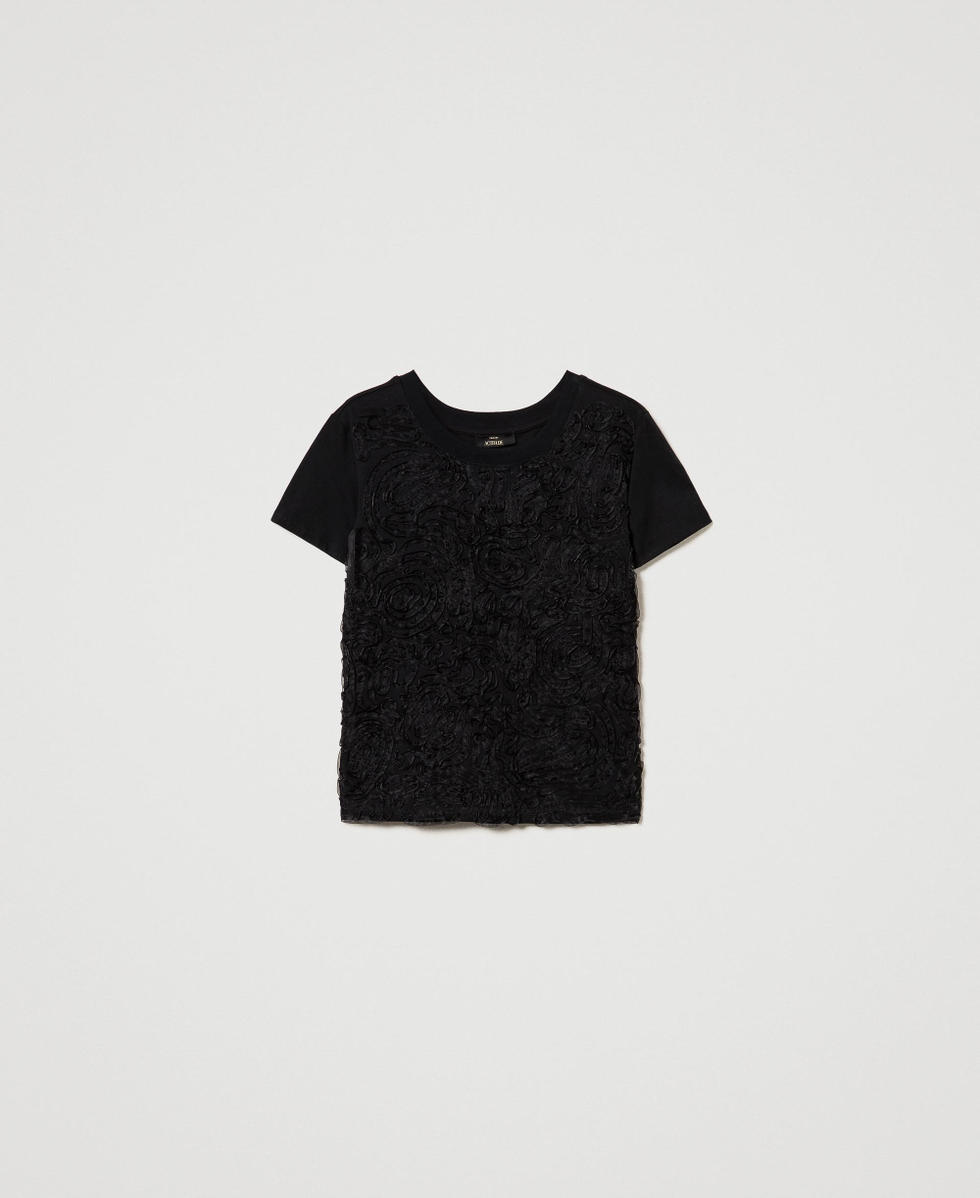 Camiseta con bordados de organza Mujer Negro TWINSET Milano