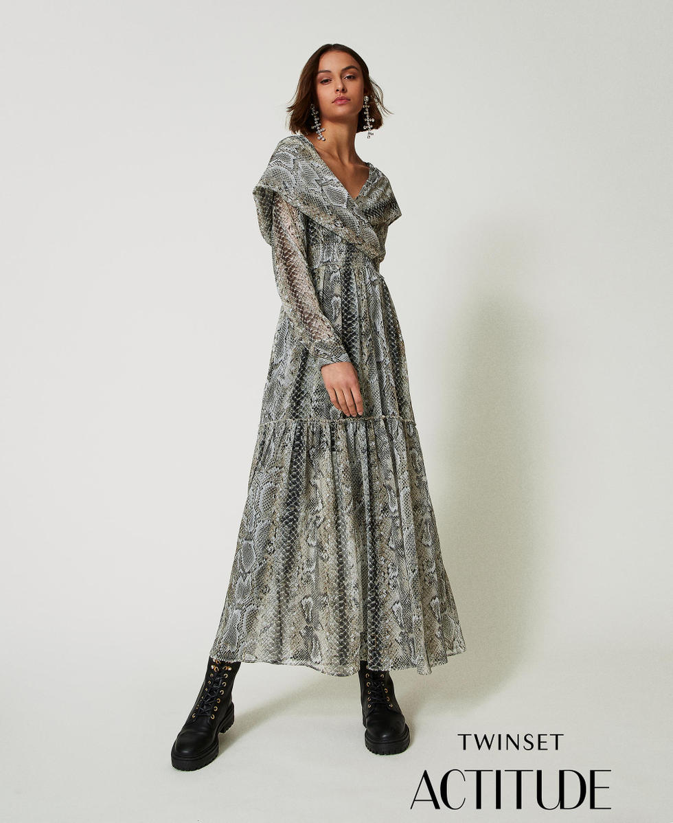 Robe longue en crepon avec imprime serpent Femme Argent TWINSET Milano