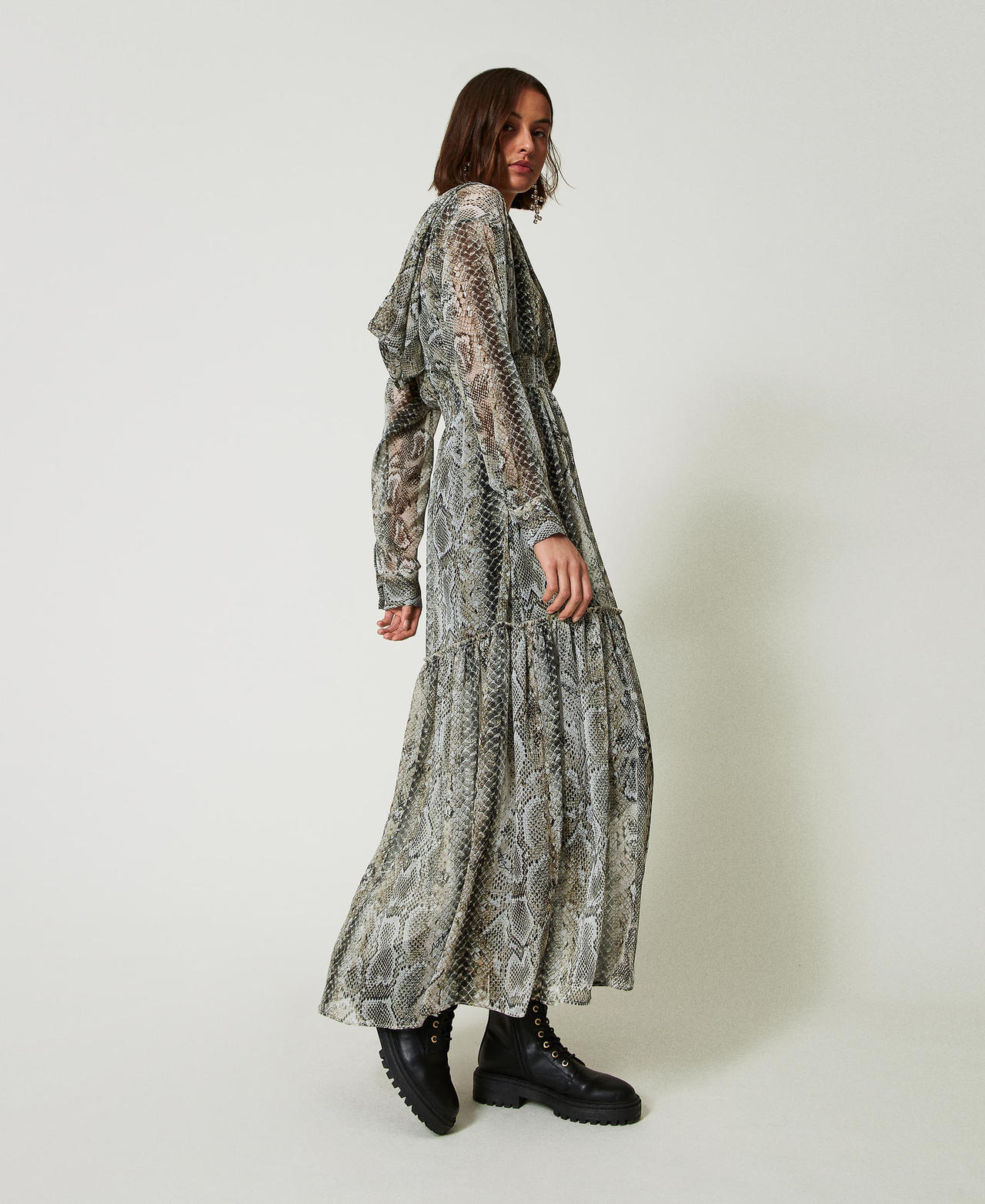 Long creponne dress with snake print Woman Silver TWINSET Milano