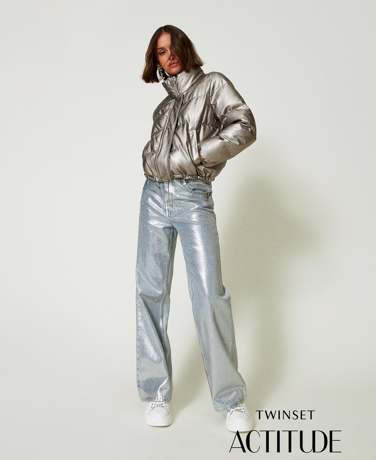 Jeans wide leg con spalmatura argento Laminated Denim Donna 242AP2500_11879_01