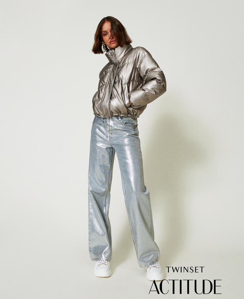 Wide leg jeans with silver coating Laminated Denim Woman 242AP2500_11879_01