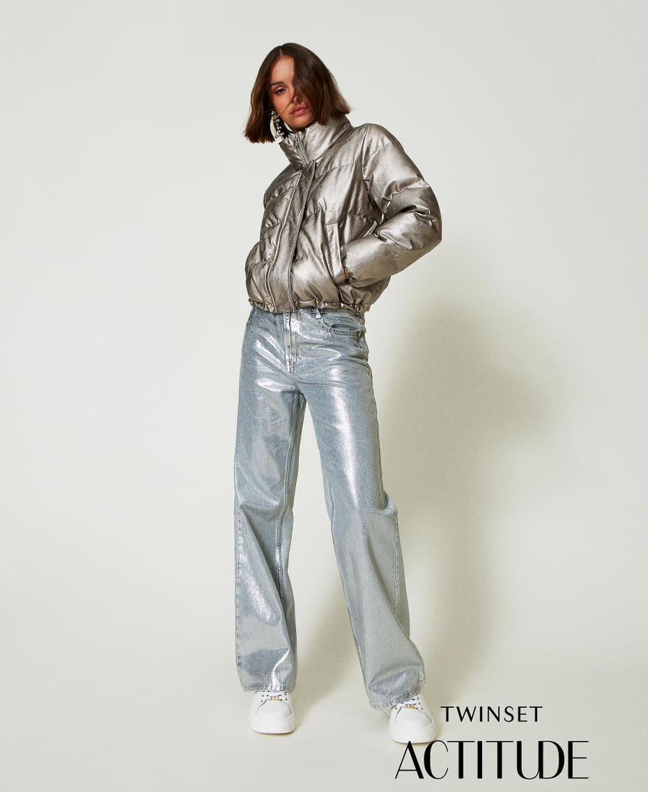 Wide leg jeans with silver coating Laminated Denim Woman 242AP2500_11879_01