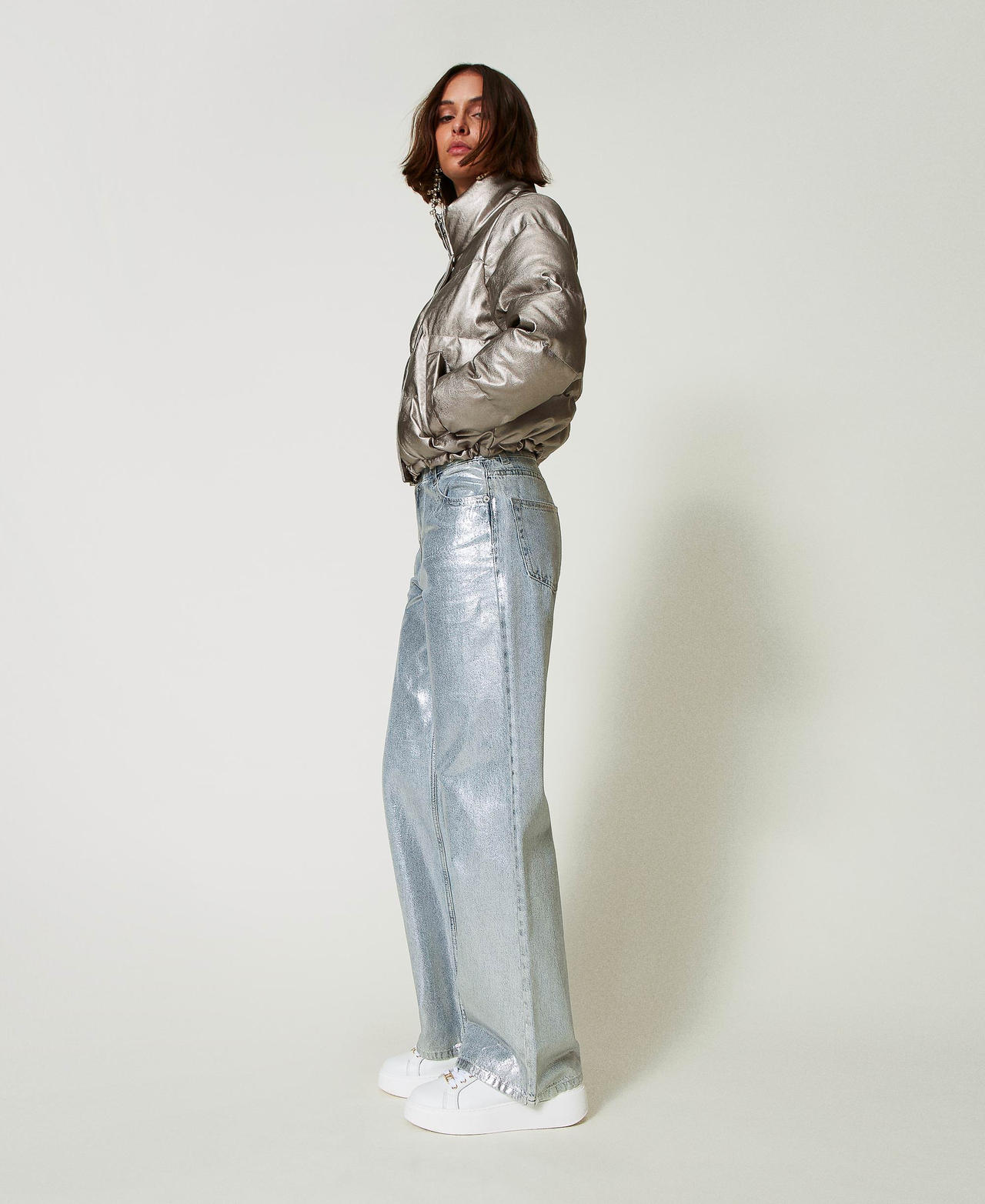 Wide leg jeans with silver coating Laminated Denim Woman 242AP2500_11879_02