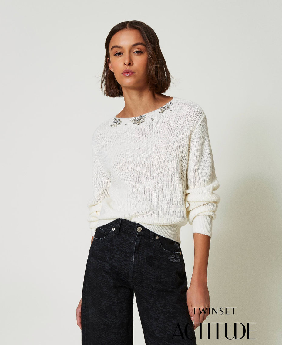 Von Hand bestickter Pullover White Sahne Frau 242AP3011_00733_01