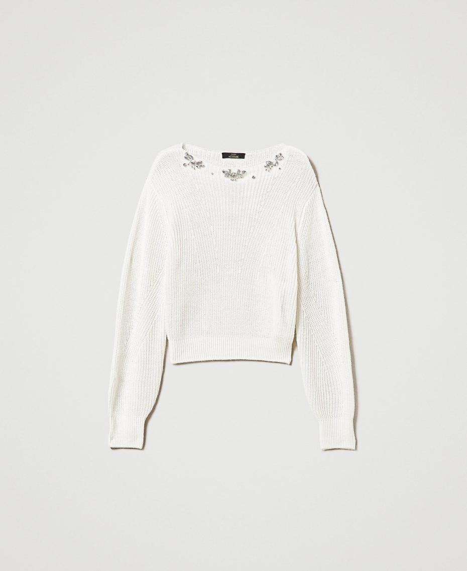 Von Hand bestickter Pullover White Sahne Frau 242AP3011_00733_S0