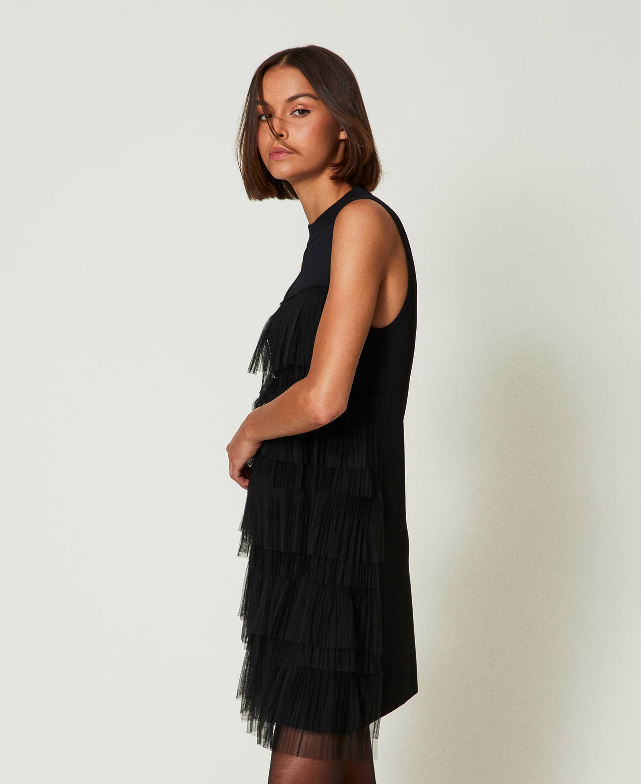 Short knit dress with tulle flounces Black Woman 242AP3091_00006_02