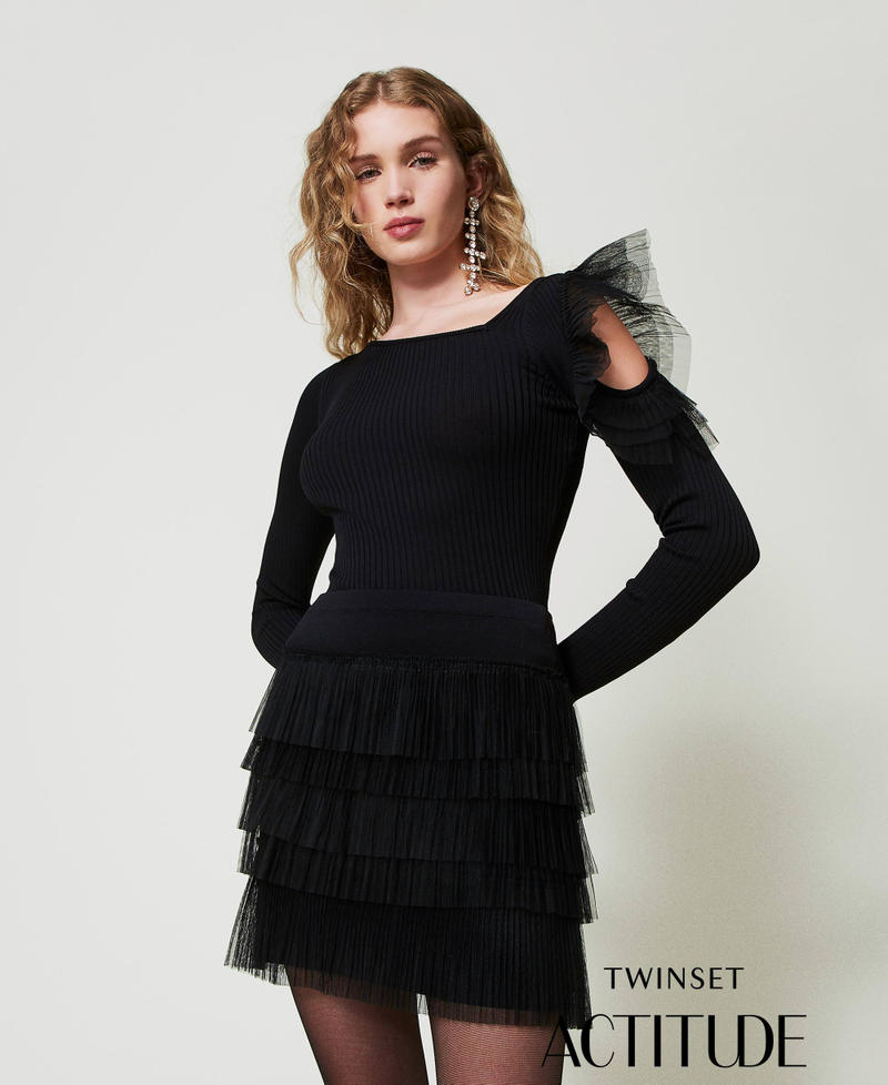 Knit miniskirt with tulle flounces Black Woman 242AP3092_00006_01