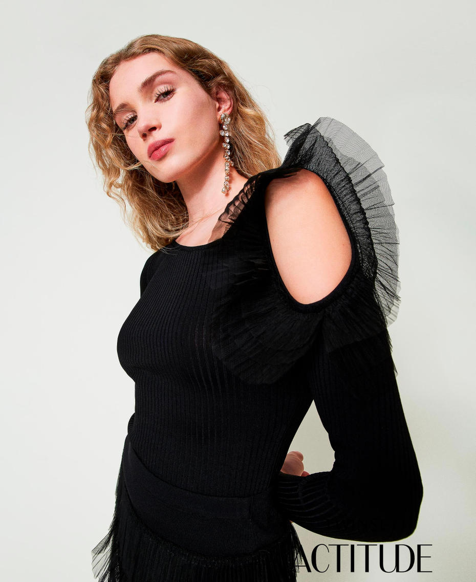 Pull ajust&eacute; avec ajour et tulle Noir Femme 242AP3093_00006_01