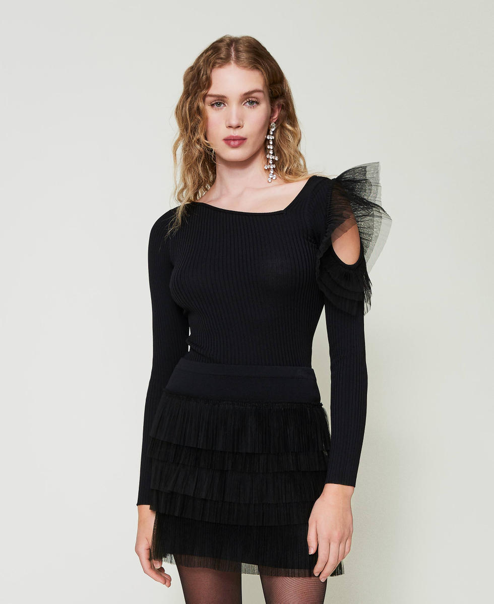Pull ajust&eacute; avec ajour et tulle Noir Femme 242AP3093_00006_02