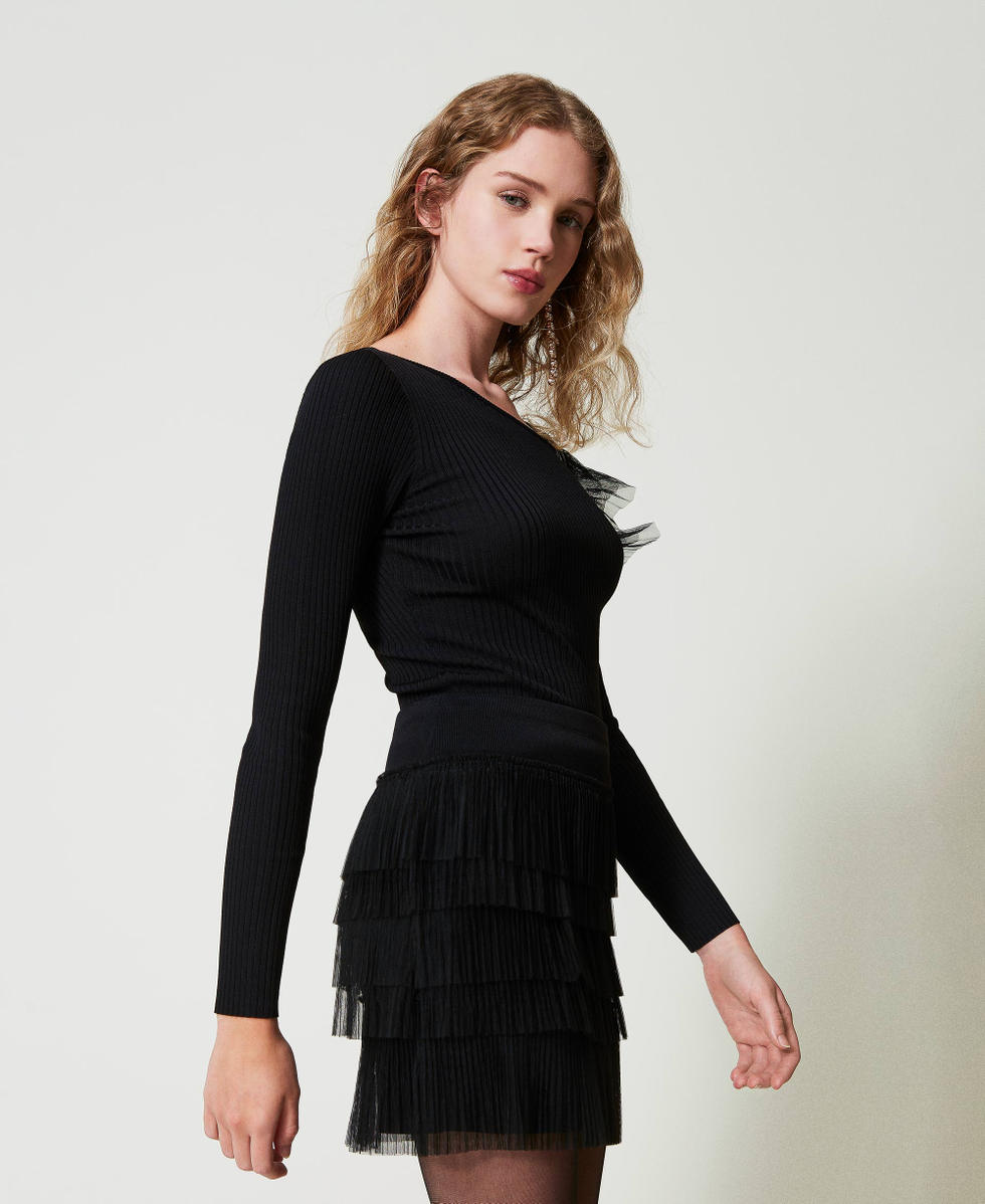 Pull ajust&eacute; avec ajour et tulle Noir Femme 242AP3093_00006_03