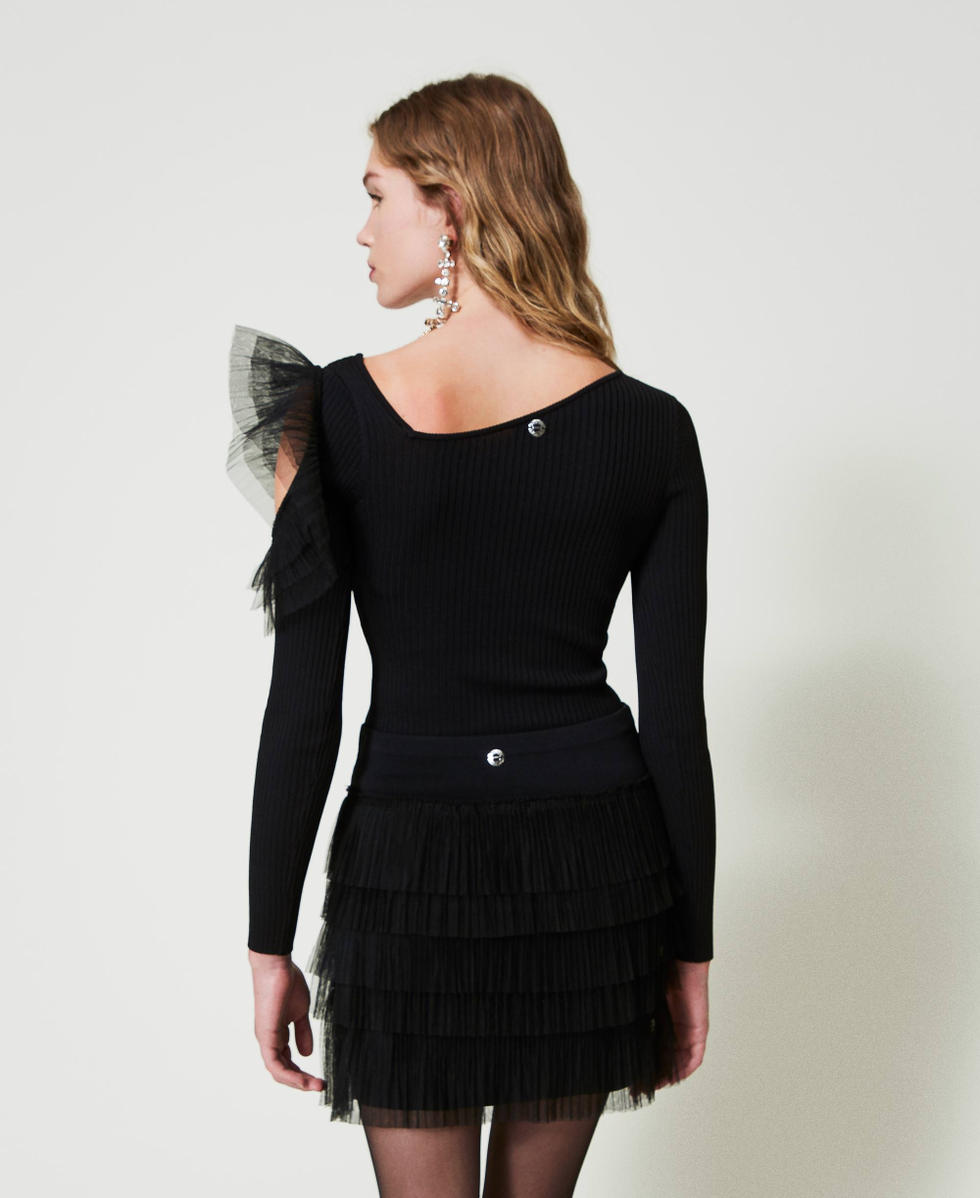 Pull ajust&eacute; avec ajour et tulle Noir Femme 242AP3093_00006_04