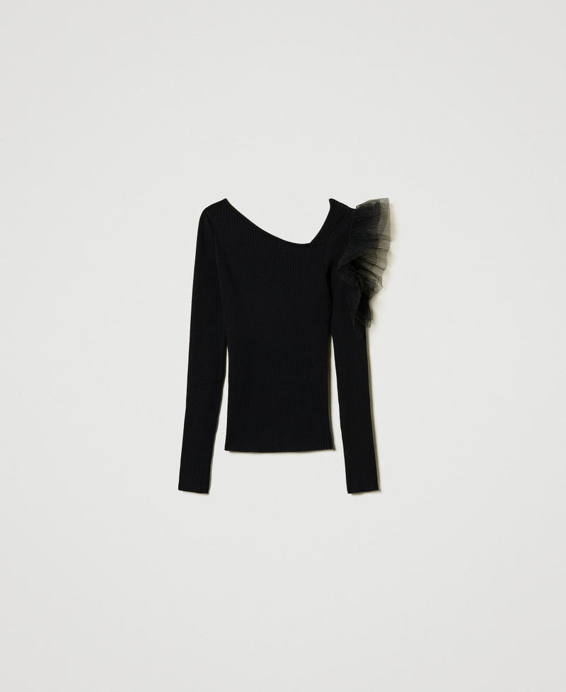 Pull ajust&eacute; avec ajour et tulle Noir Femme 242AP3093_00006_S0