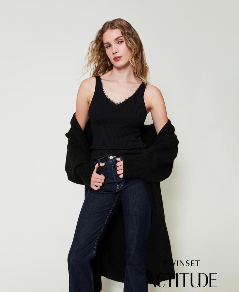 Geripptes Stricktop mit Perlchen Schwarz Frau 242AP3141_00006_01