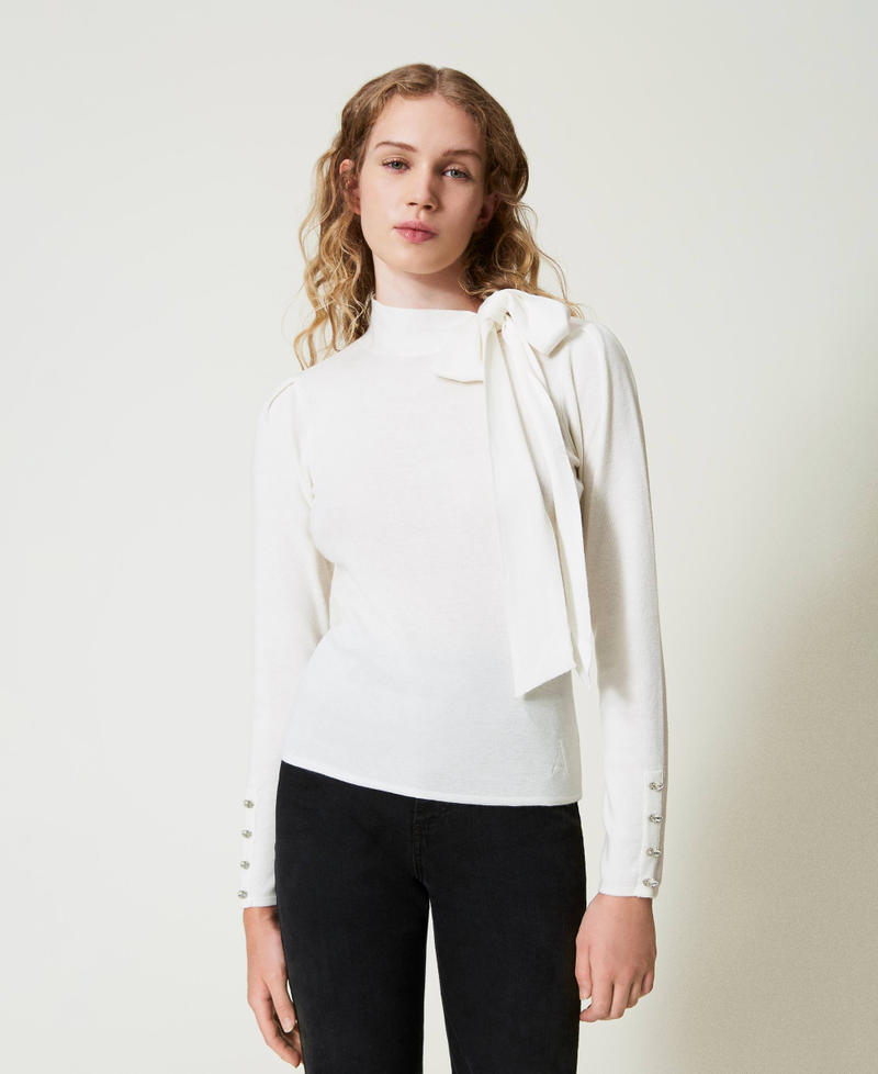 Turtleneck jumper with bow and embroidery White Cream Woman 242AP3160_00733_02